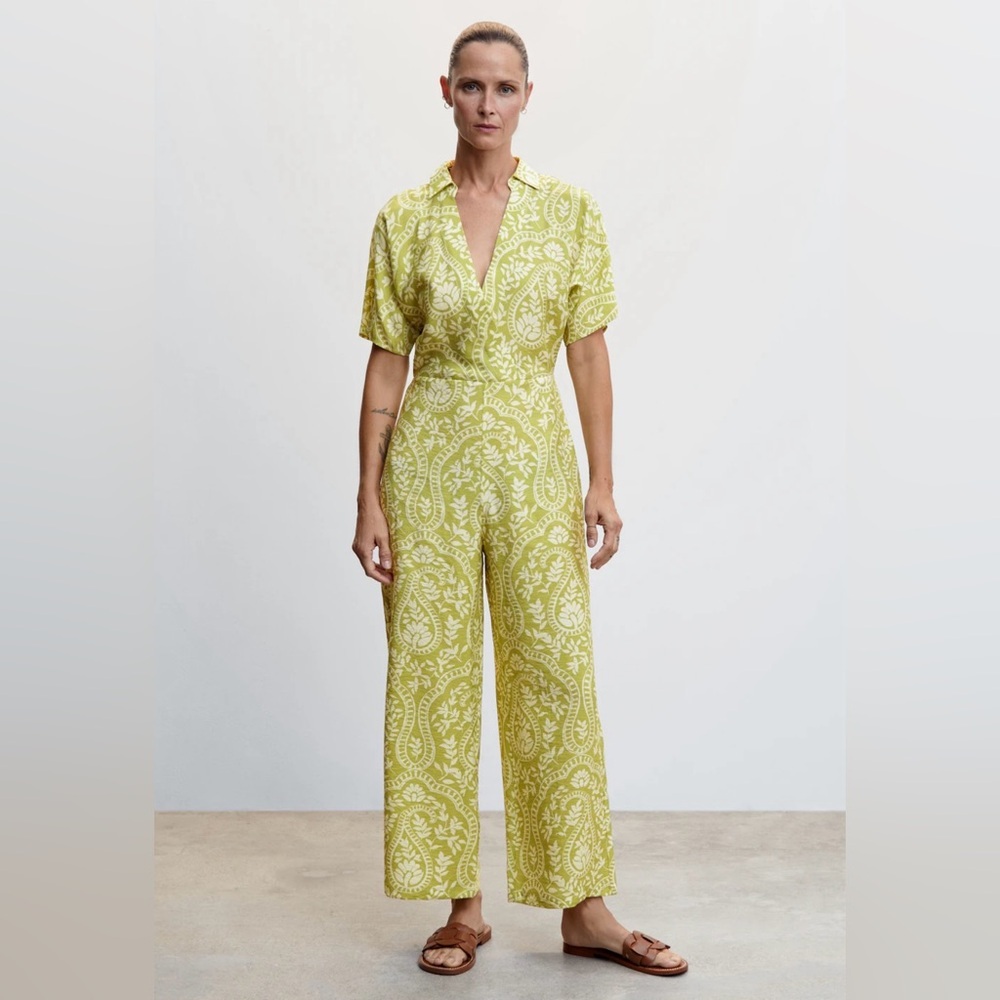Mango NWOT Fluid Lime Green Printed Women’s Wide Leg Jumpsuit Size M Boho